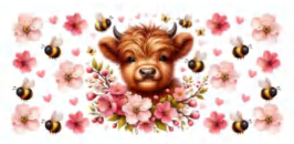 HIGHLAND COW WITH FLOWERS & BEES